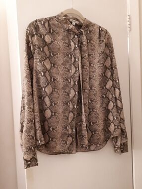 Stella & Dot Taupe and Brown Snake-Print Tie-Neck Blouse